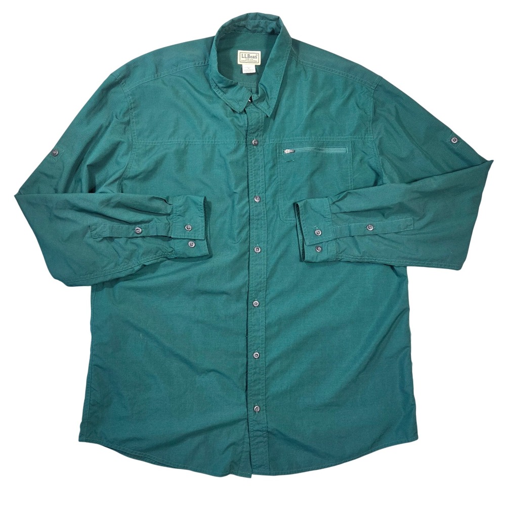 LL Bean Mens XL Green Ripstop Technical Fishing Hiking Shirt Vented 297415‎